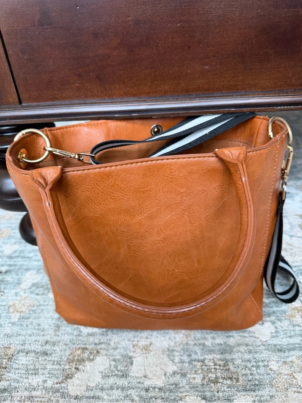 Socialthreads Tan Leather Tote Bag with Black & White Stripe Shoulder Strap